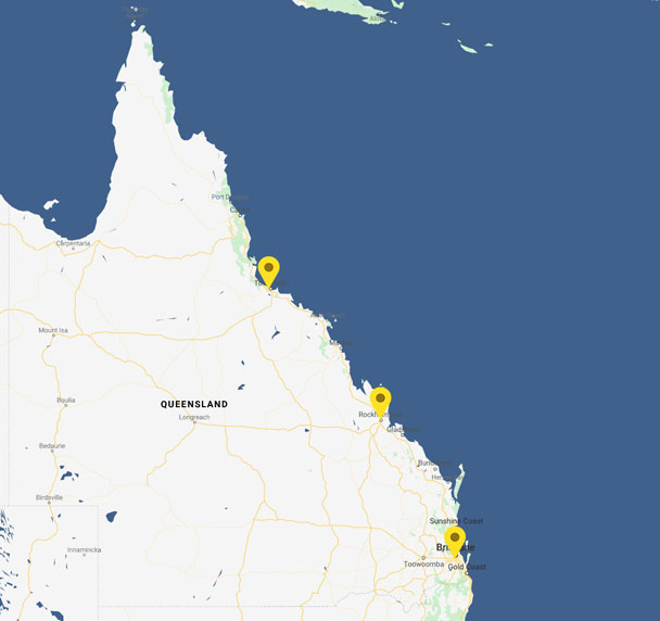 Map of Queensland showing Adaptalift branch locations